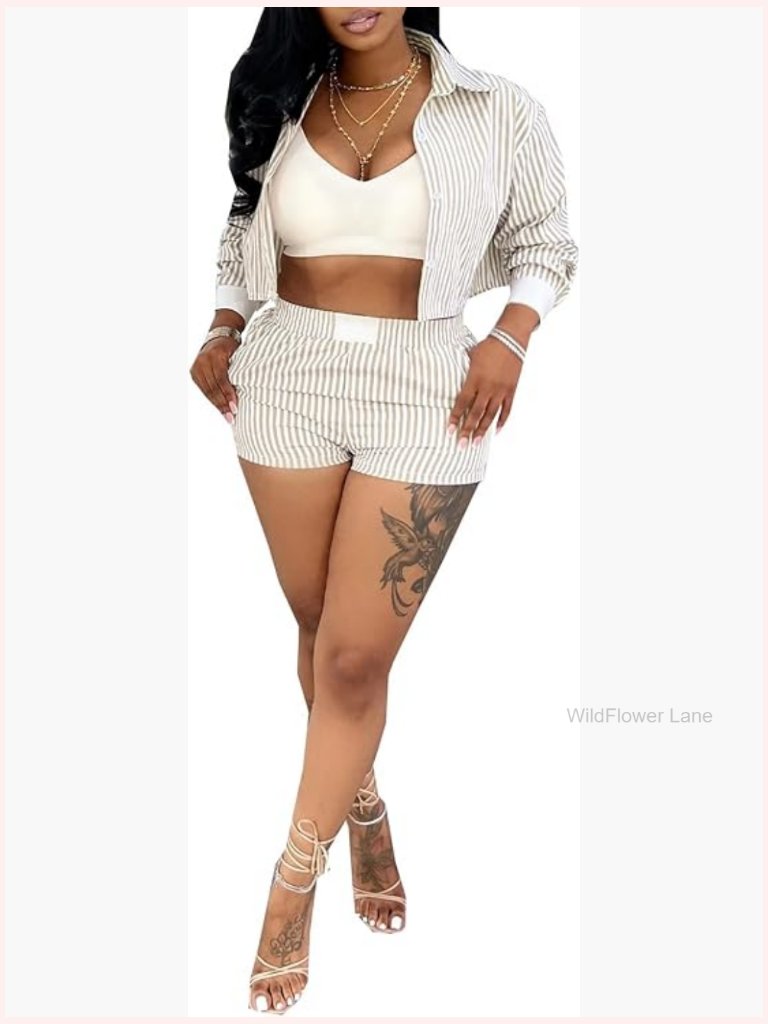 2 Piece Striped Long Sleeve Crop Top And High Waisted Shorts Set